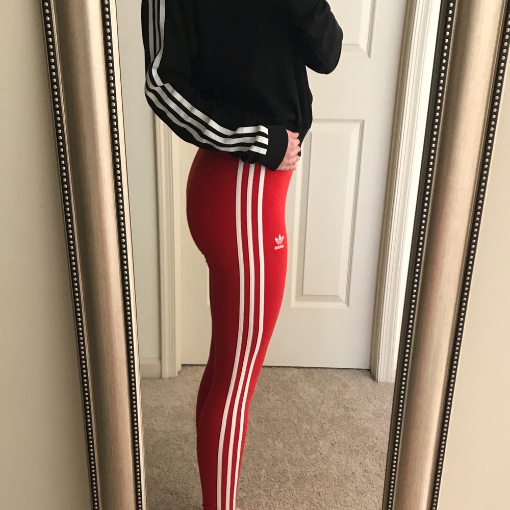 Adidas red stripped leggings